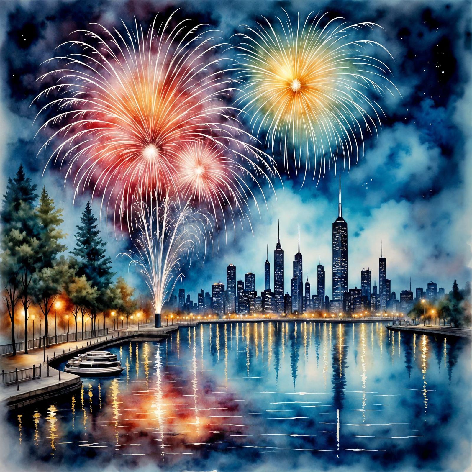 Antique Watercolor Night Sky with Vibrant Fireworks