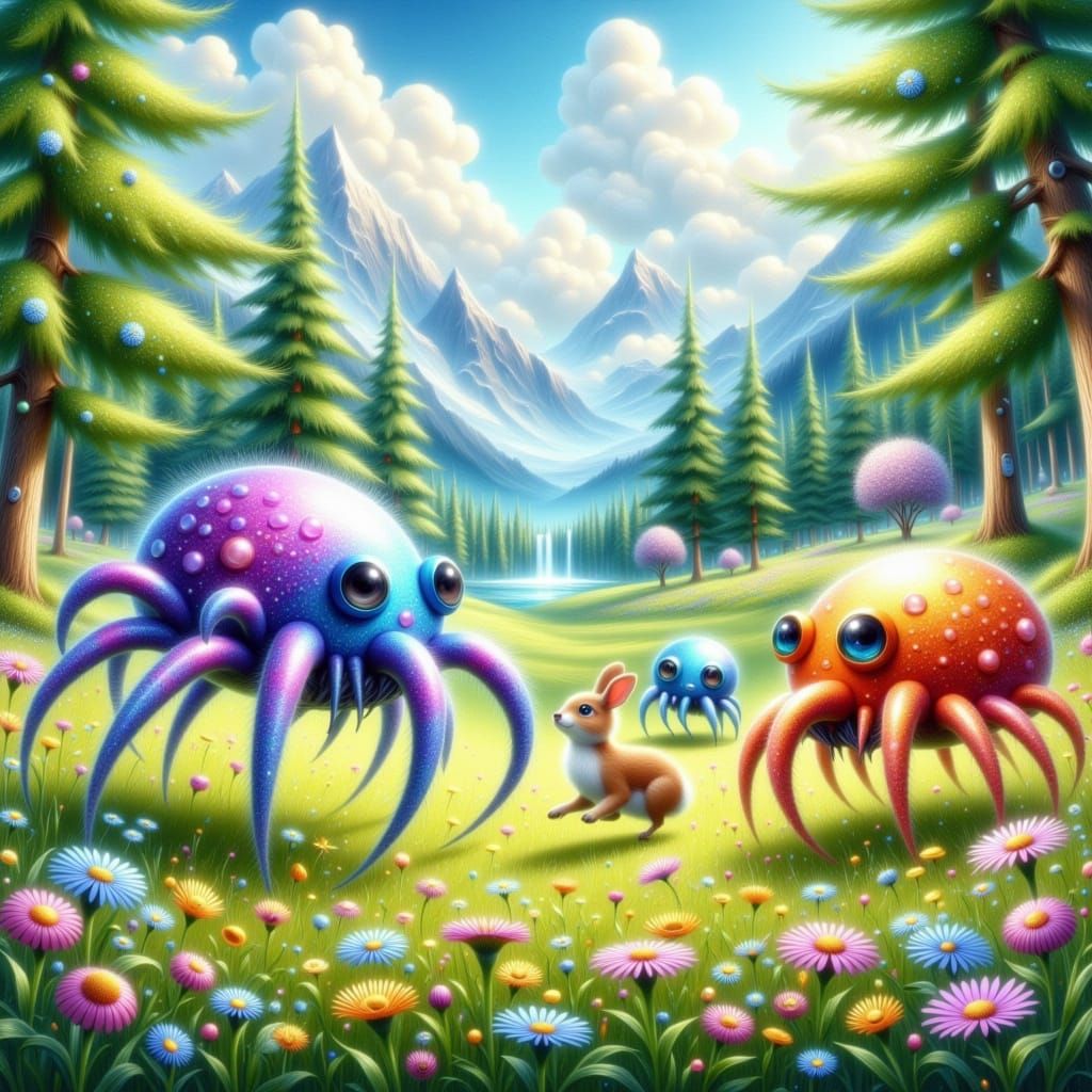 Whimsical Canadian Meadow Scene with Spider-Octopi and Local...