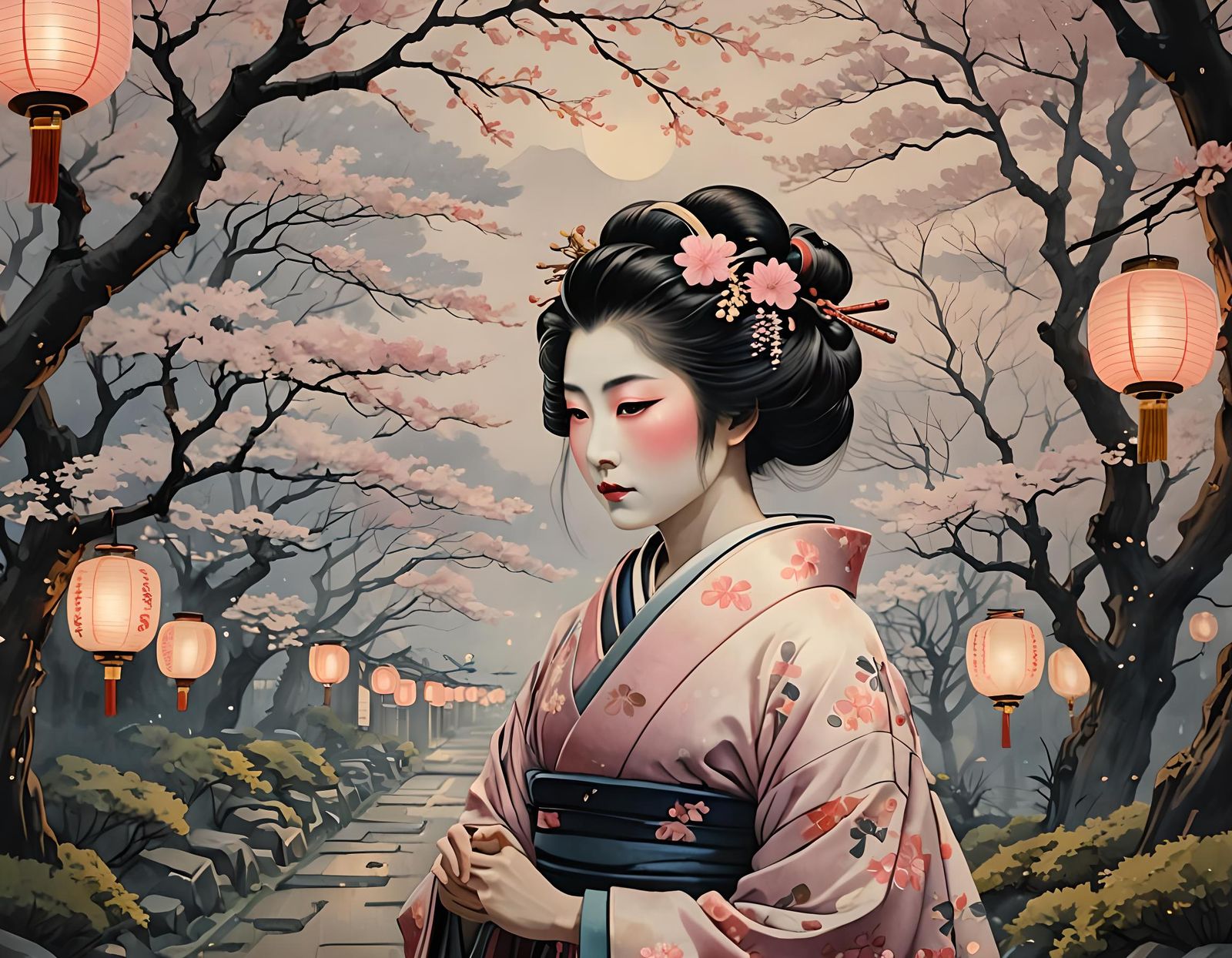 Japanese Geisha with Cherry Blossoms
