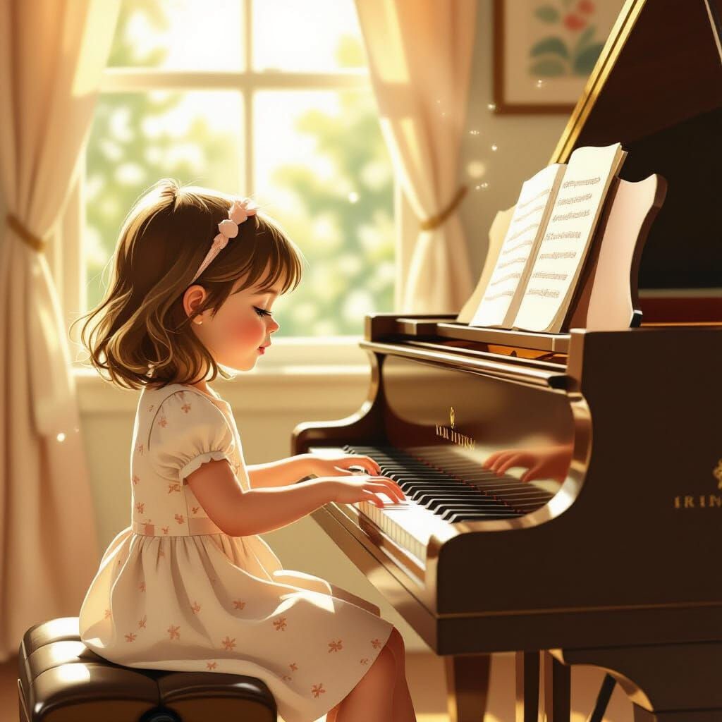 Girl Plays Grand Piano in Sunlit Room, Storybook Style