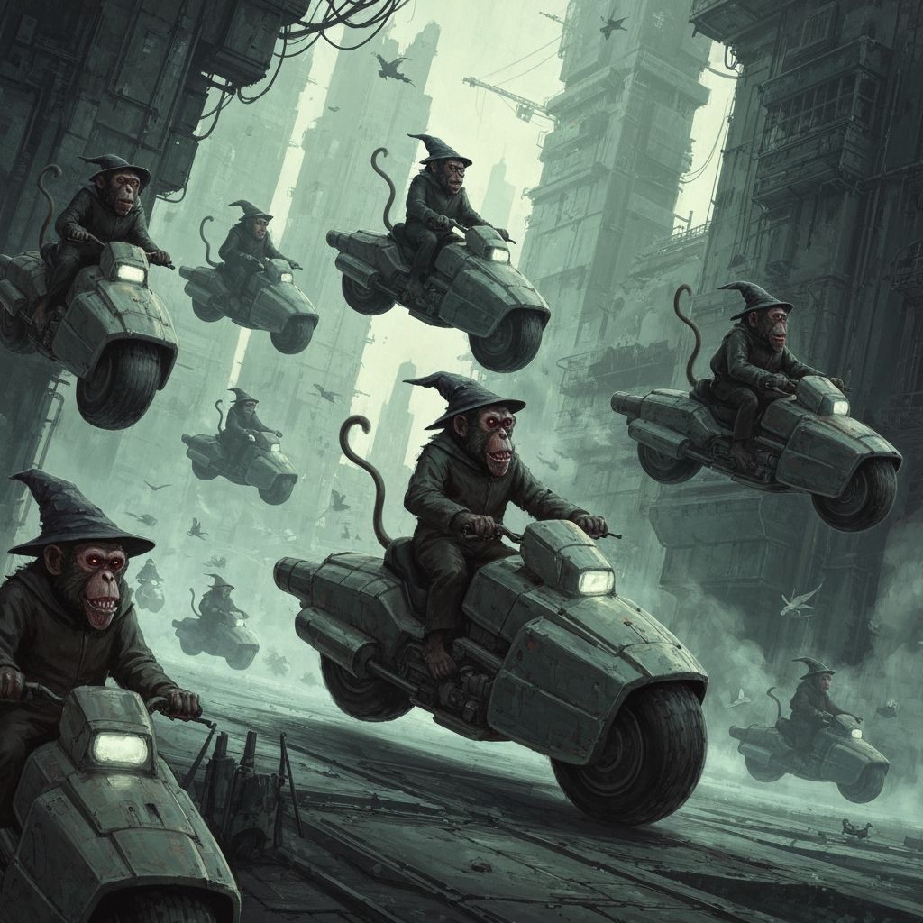 Wizard Baboons on Futuristic Hoverbikes in Dystopian City