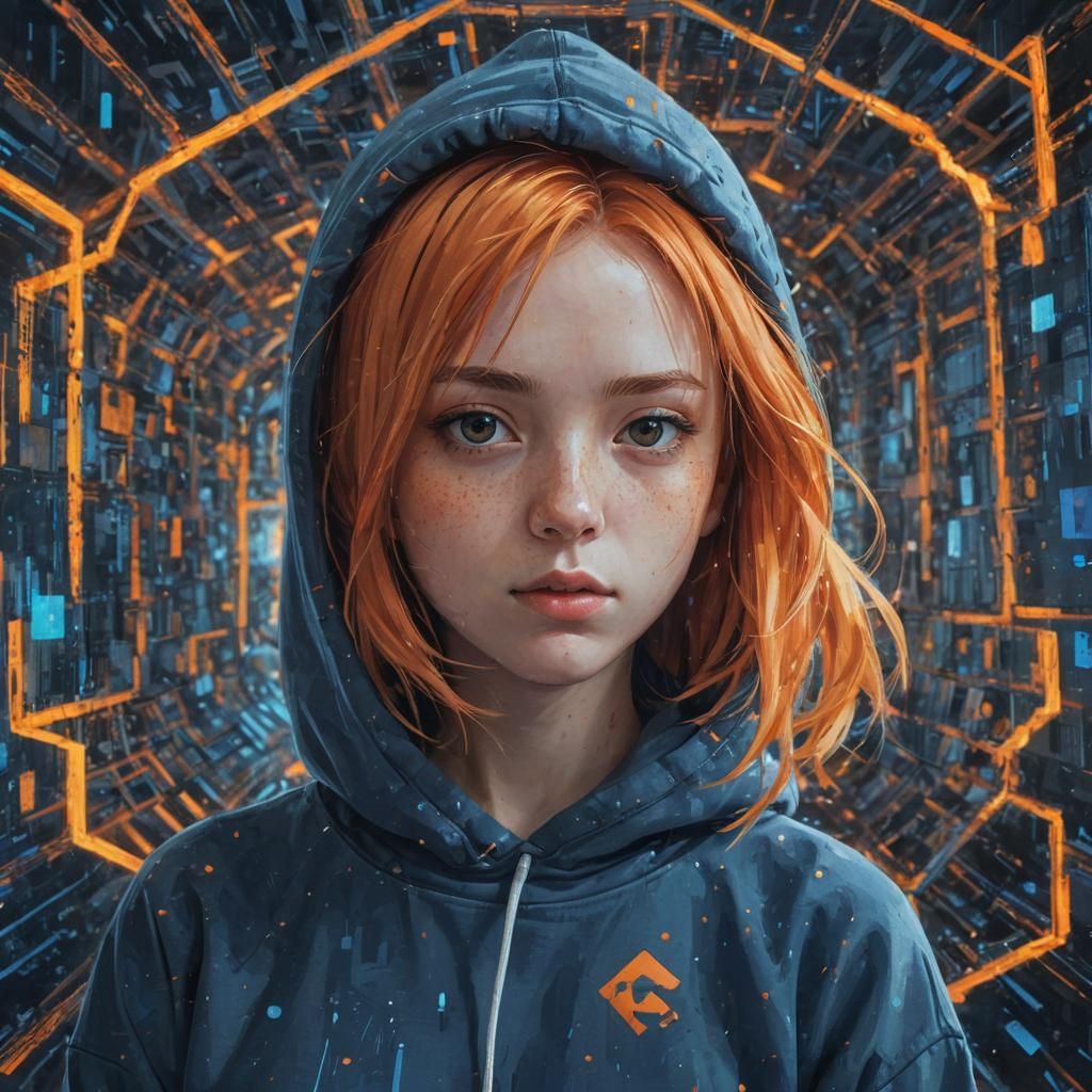 Anime Girl Portrait with Hypercube Background
