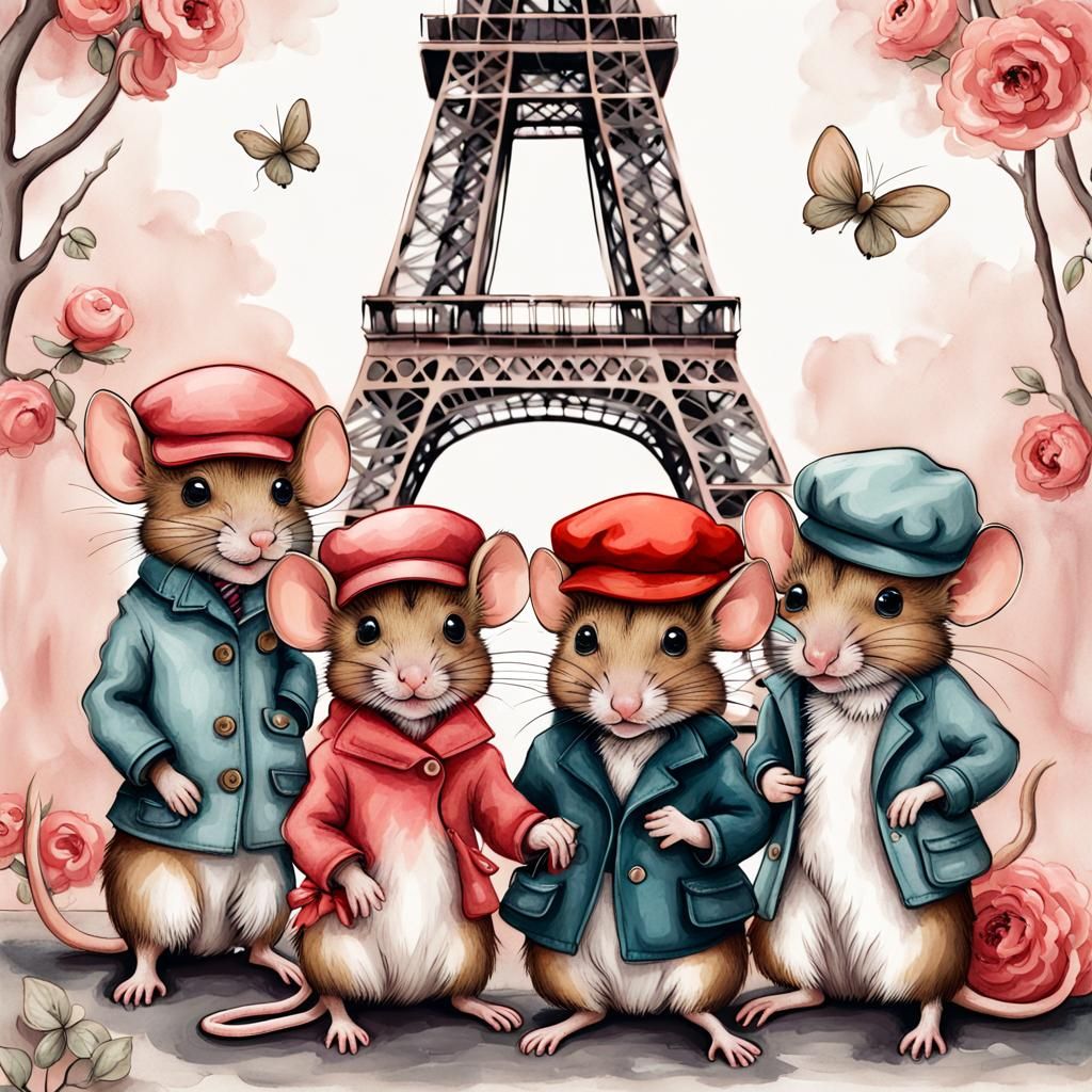Mice Model Fashion in Paris: Whimsical Illustration