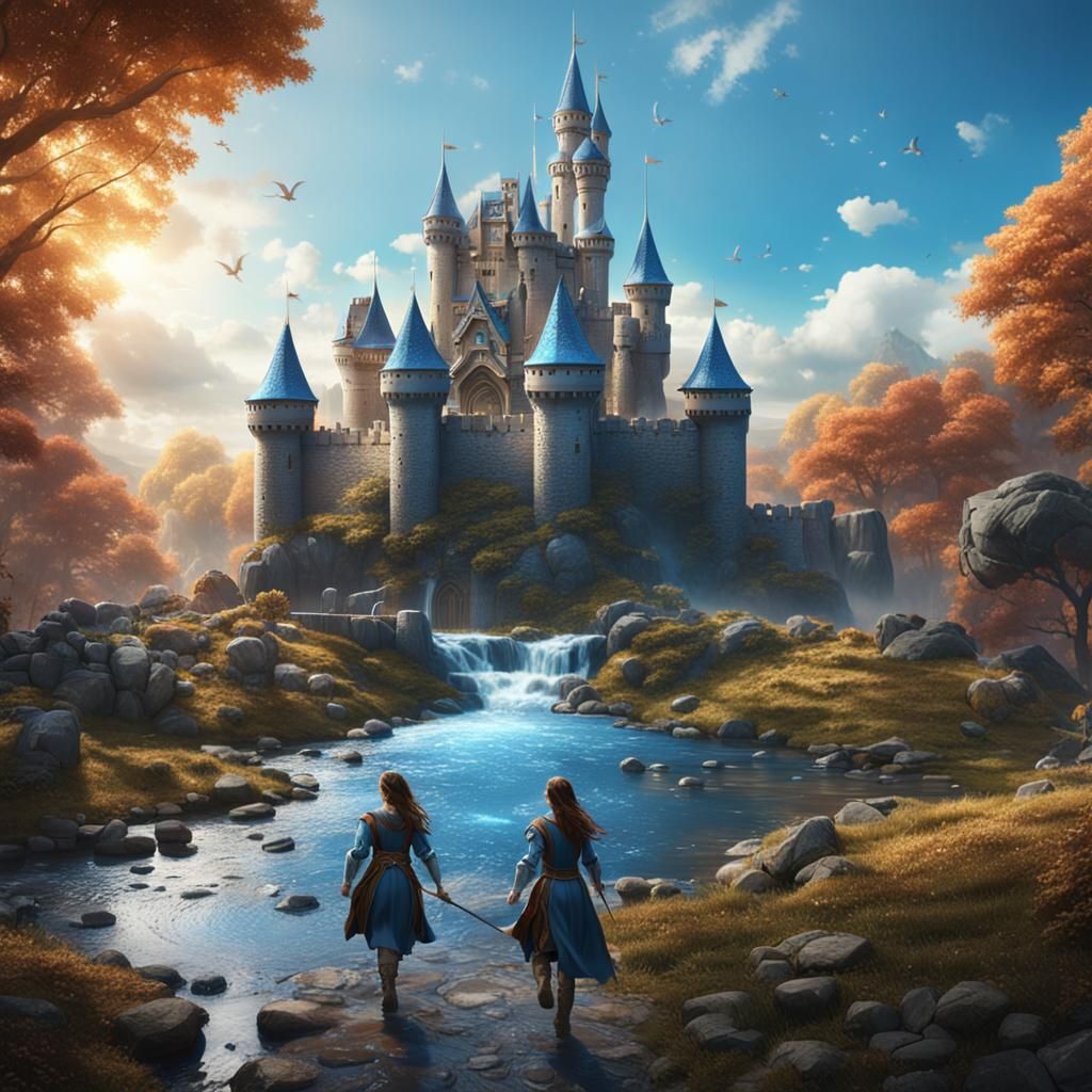 Fantasy Castle with Stream and Girls in Detailed Painting