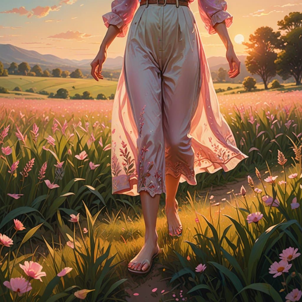 Woman With Pink Feet in Golden Hour Meadow