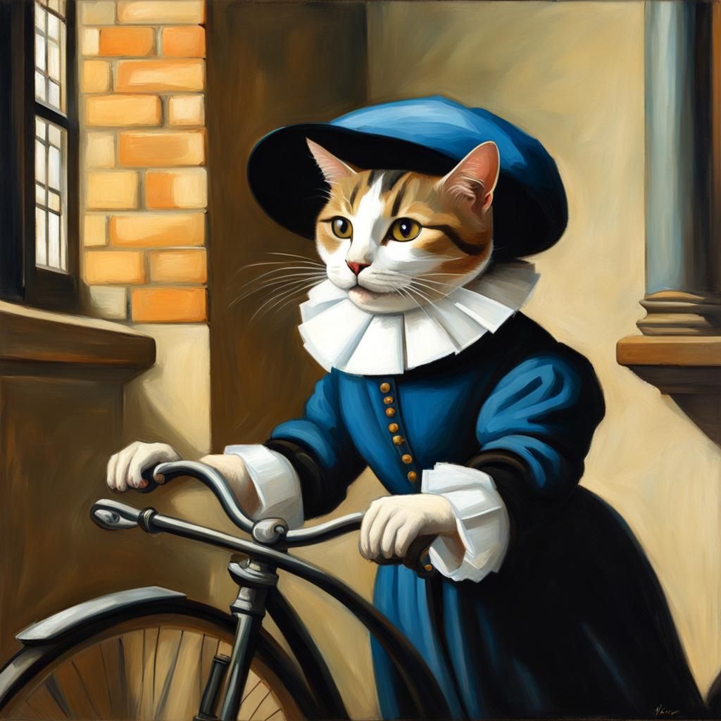 Cat Riding Bicycle in Vermeer Style