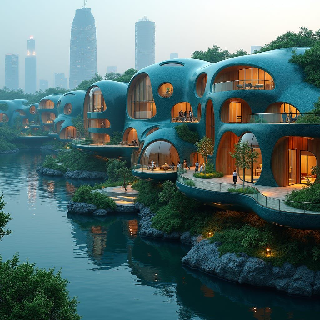 Futuristic Biomechanical Building Complex on Lake
