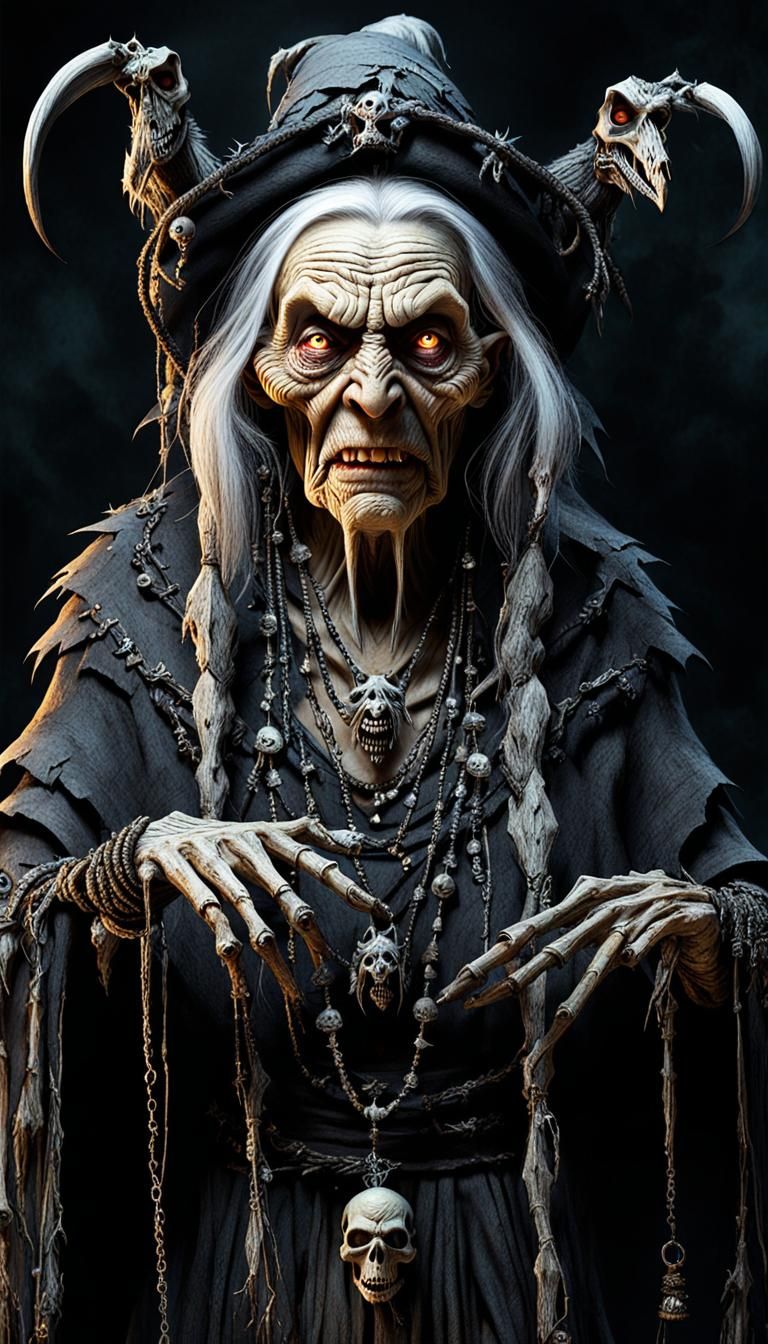 Creepy Baba Yaga with Glowing Metal Teeth