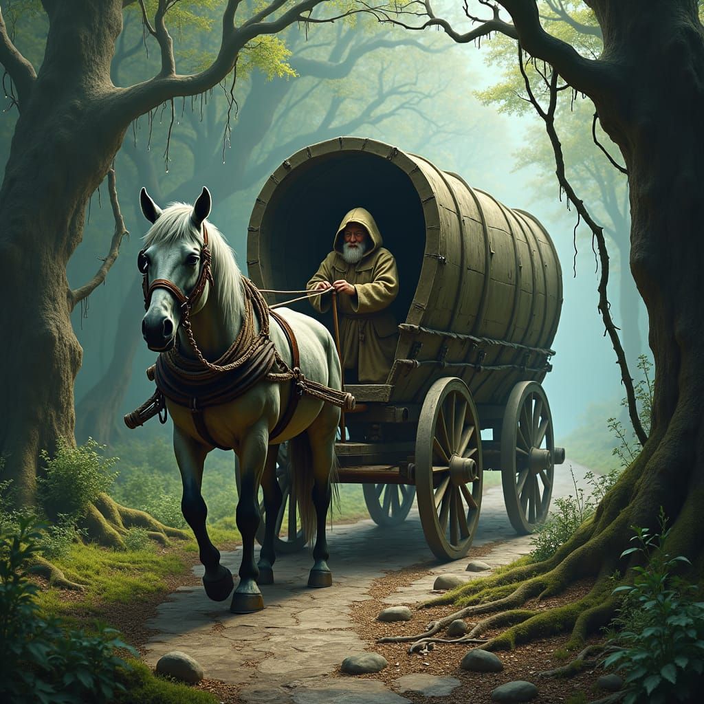 Enchanted Wagon Journey Through Mystical Forest