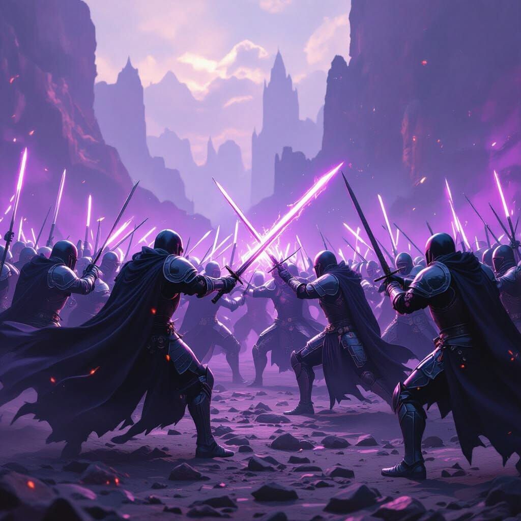 Epic Battle: Black Armored Army vs. Paladins in Purple Aura