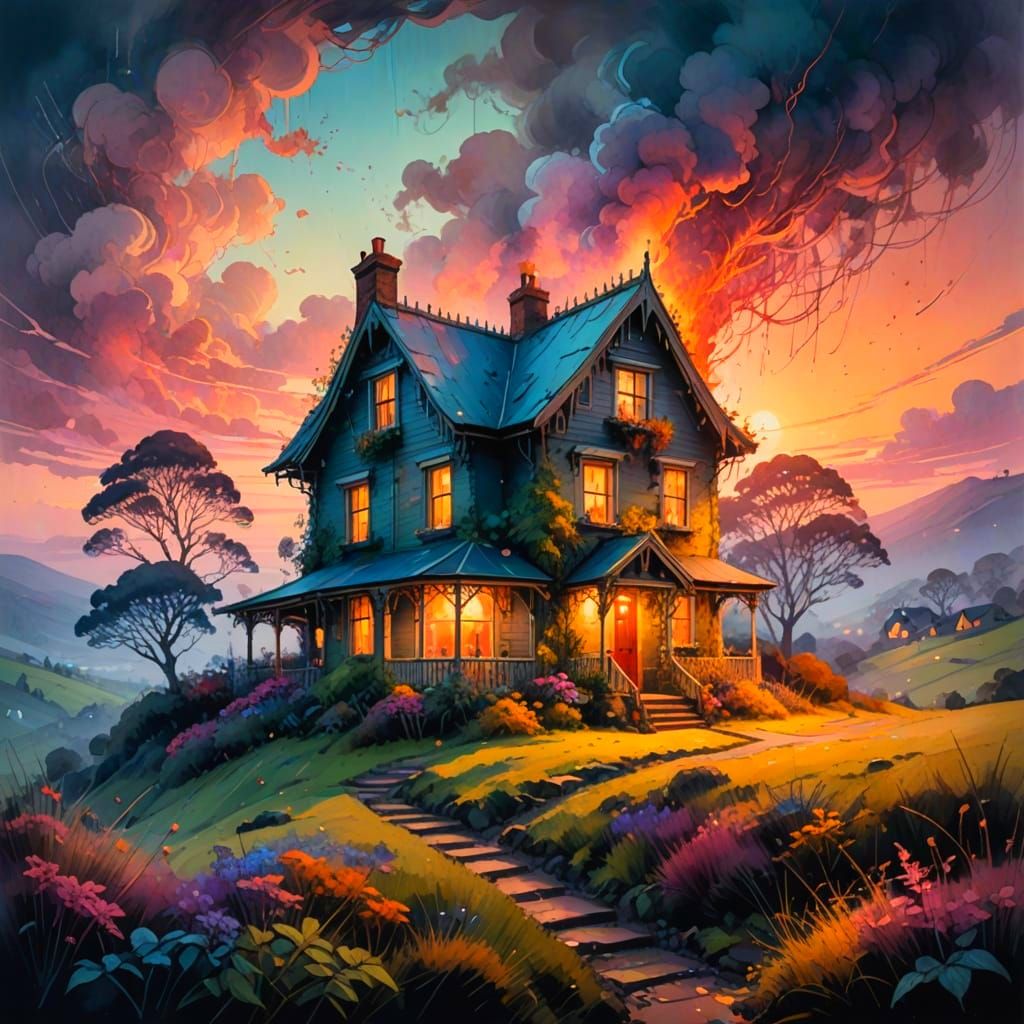 Vibrant Victorian Cottage Illuminated by Dusk on a Foggy Hil...