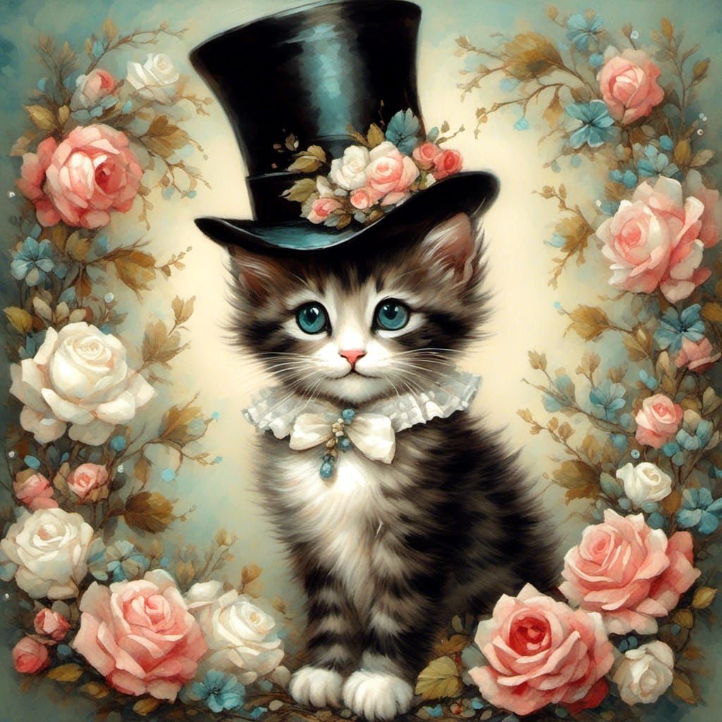 Whimsical Kitten in Top Hat with Rococo Flowers
