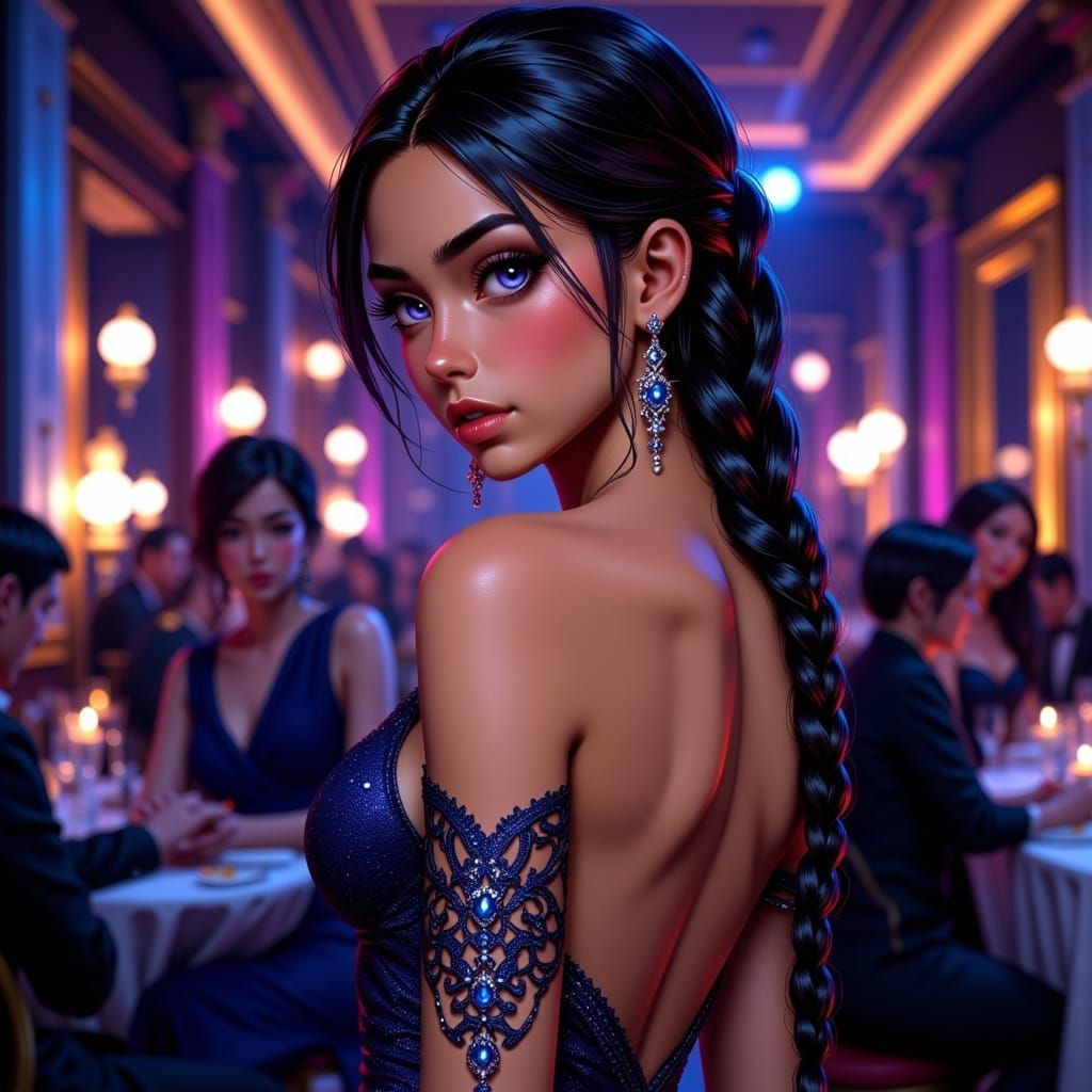 Anime Actress in Sapphire Gown at Awards Dinner