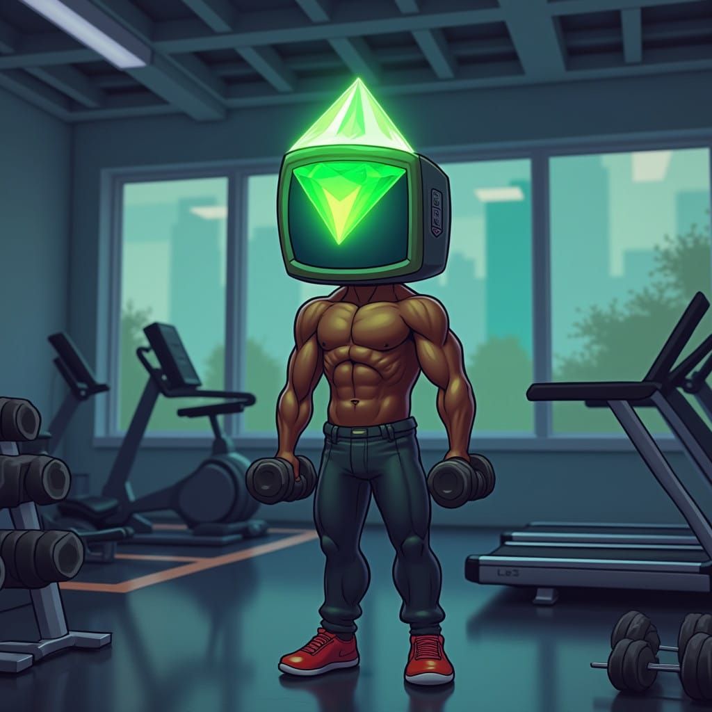 Vibrant Anime-Inspired Gym Scene with an Athlete Whose Head...