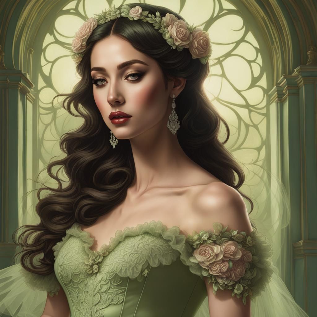 Woman in Green Tulle Dress, Detailed Gouache Portrait