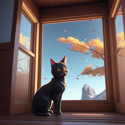 Anime Cat in Hat Observes Autumn Landscape