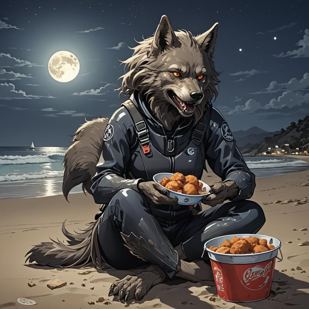 Anime Werewolf Surfer at Night
