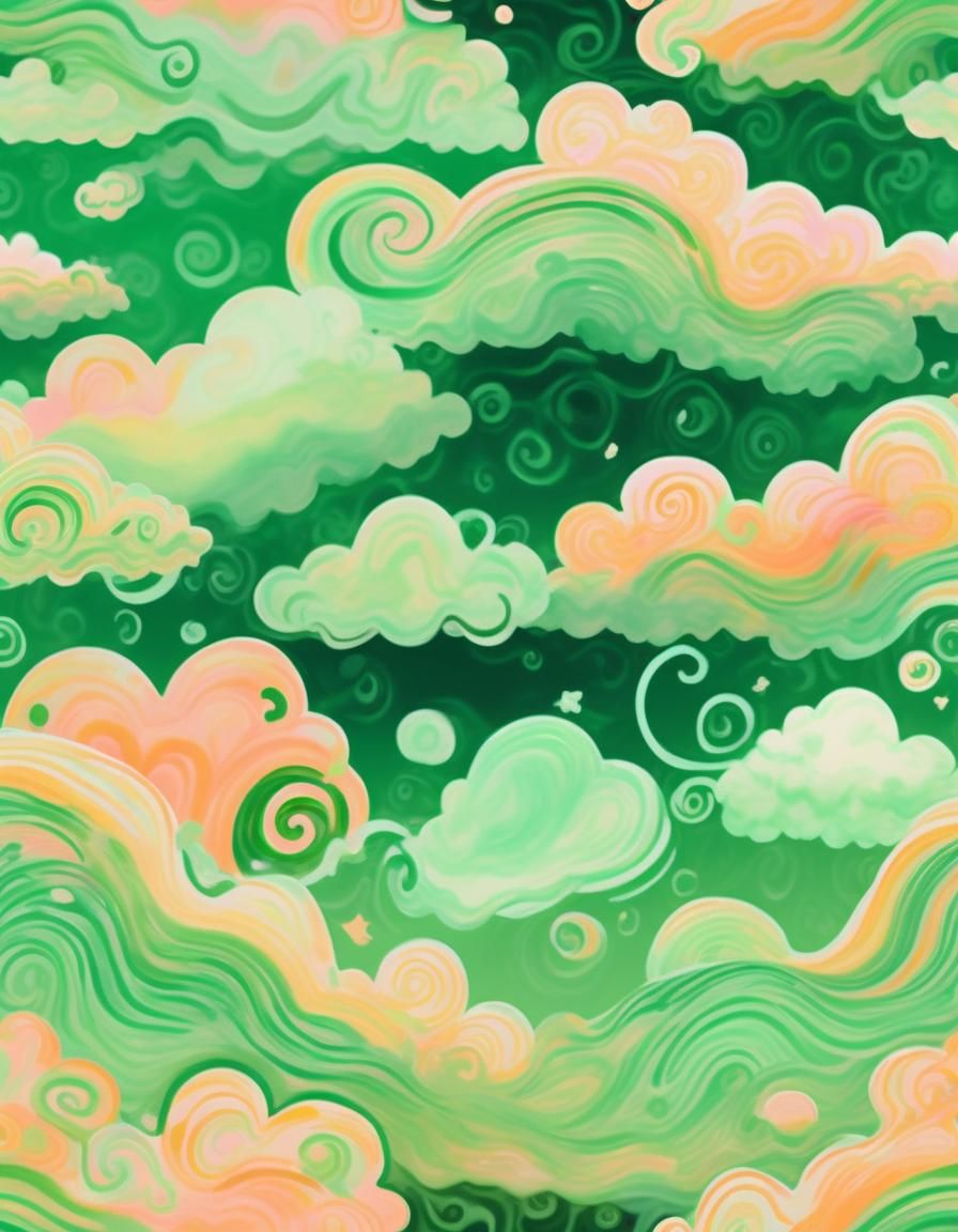Psychedelic Hearts and Clouds in Watercolor Style