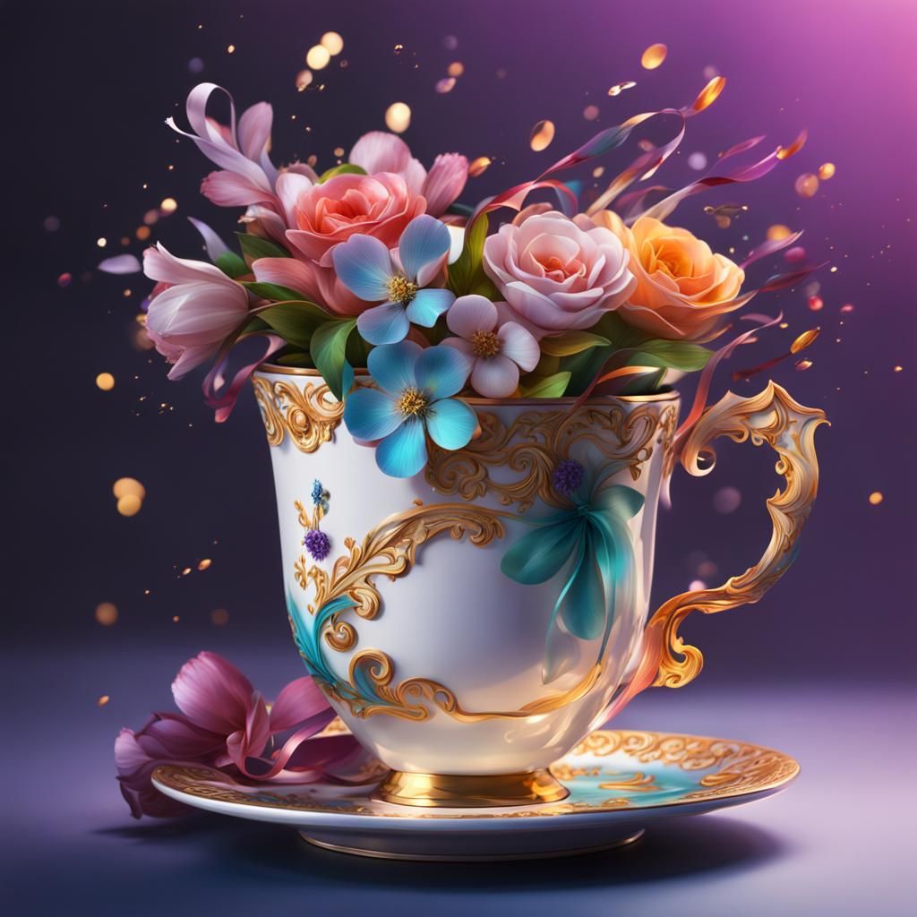 Intricately Detailed Cup with Ribbon and Flowers