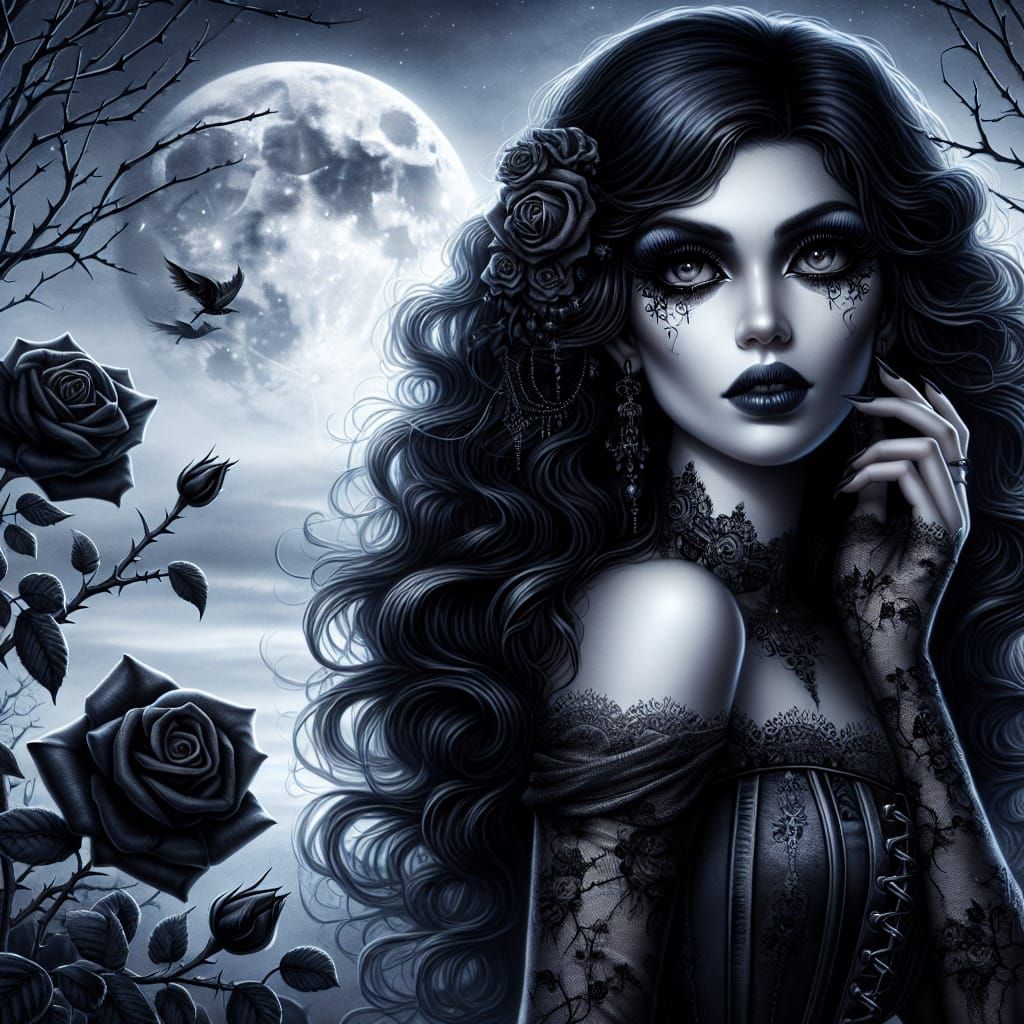 Ethereal Gothic Lady with Black Roses