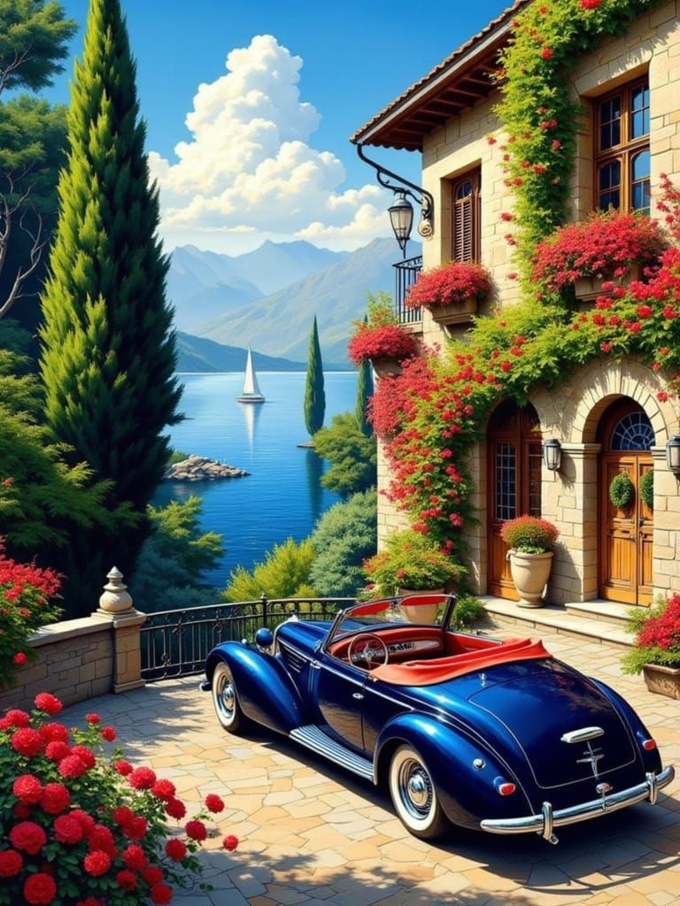 Luxurious Italian Villa with Roses and Convertible Car