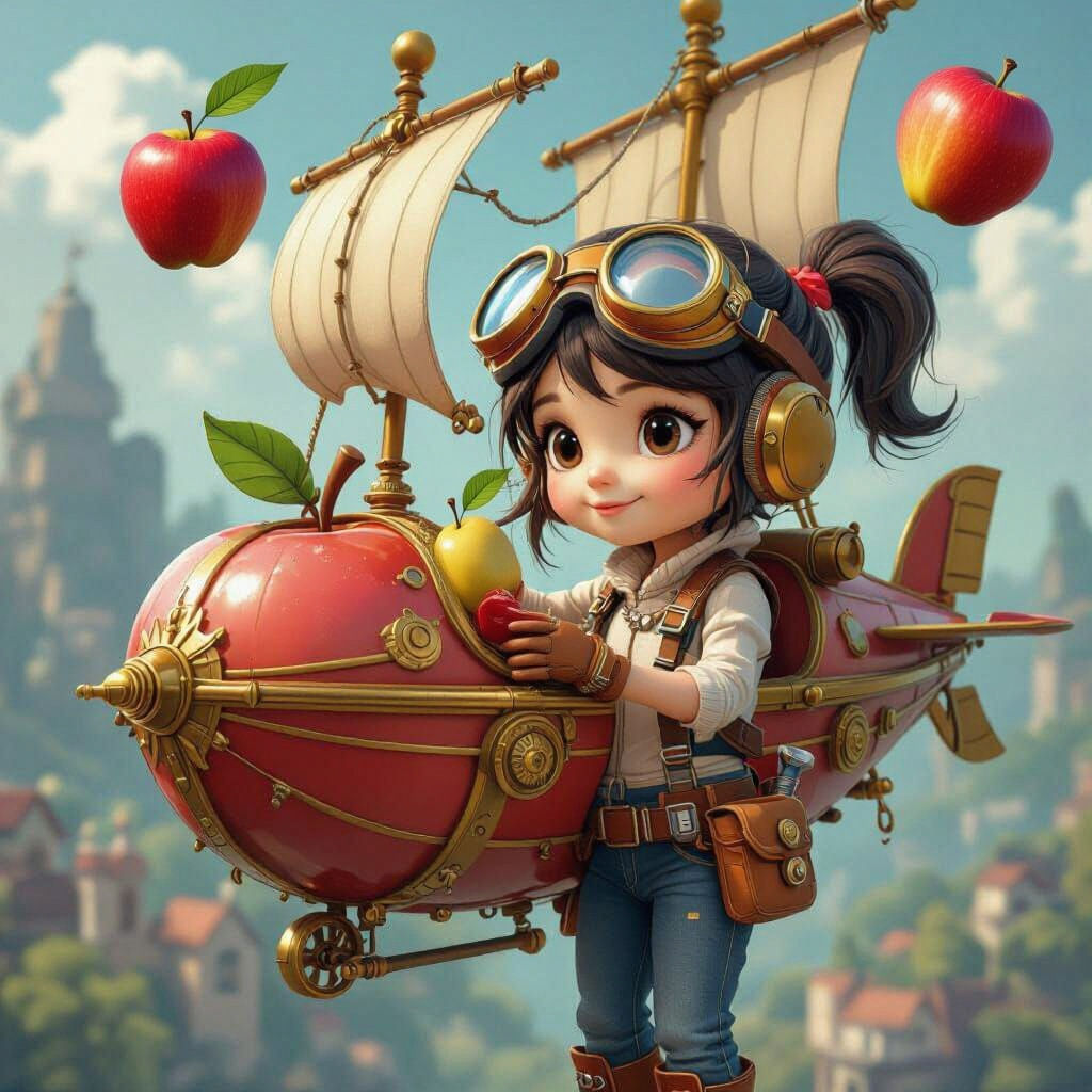 Girl Builds Apple Airship: 3D Rendered Art