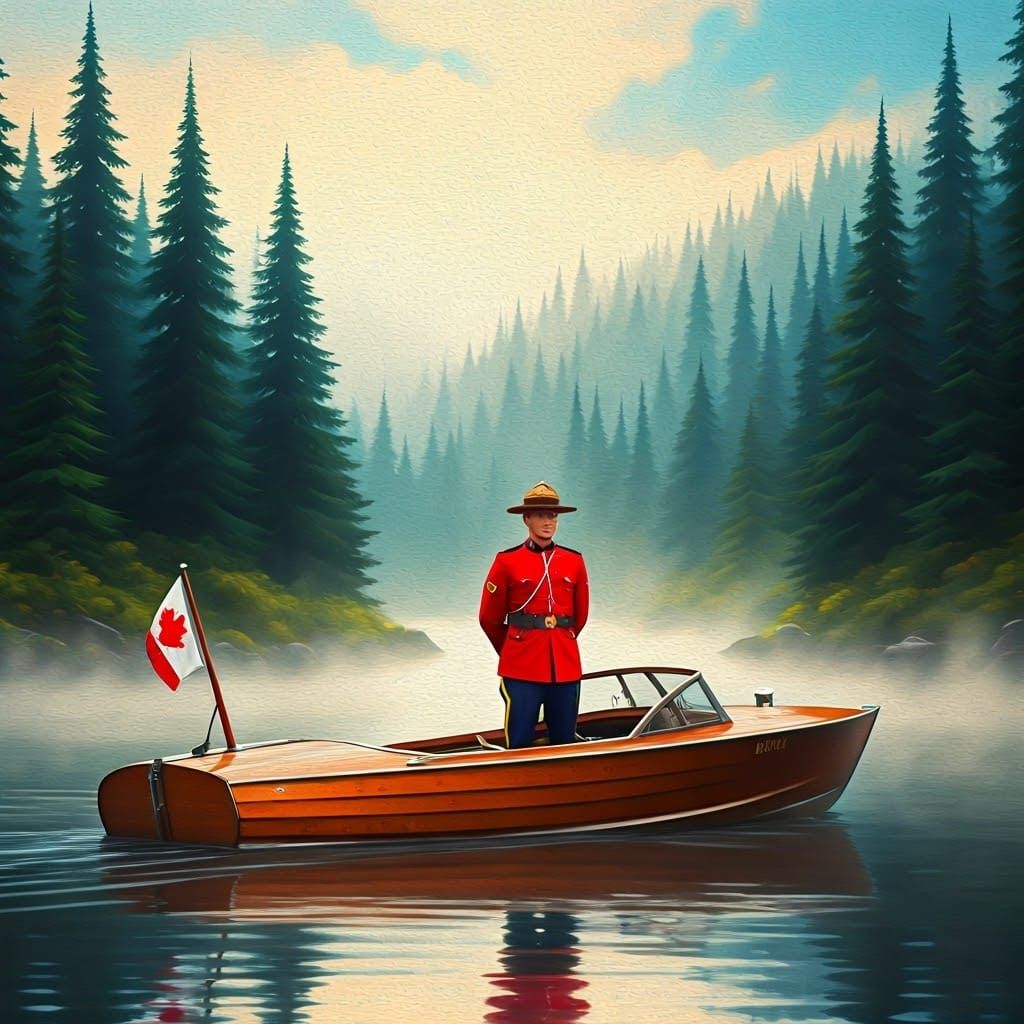 Canadian Mountie in Dreamlike Lake Boat Scene