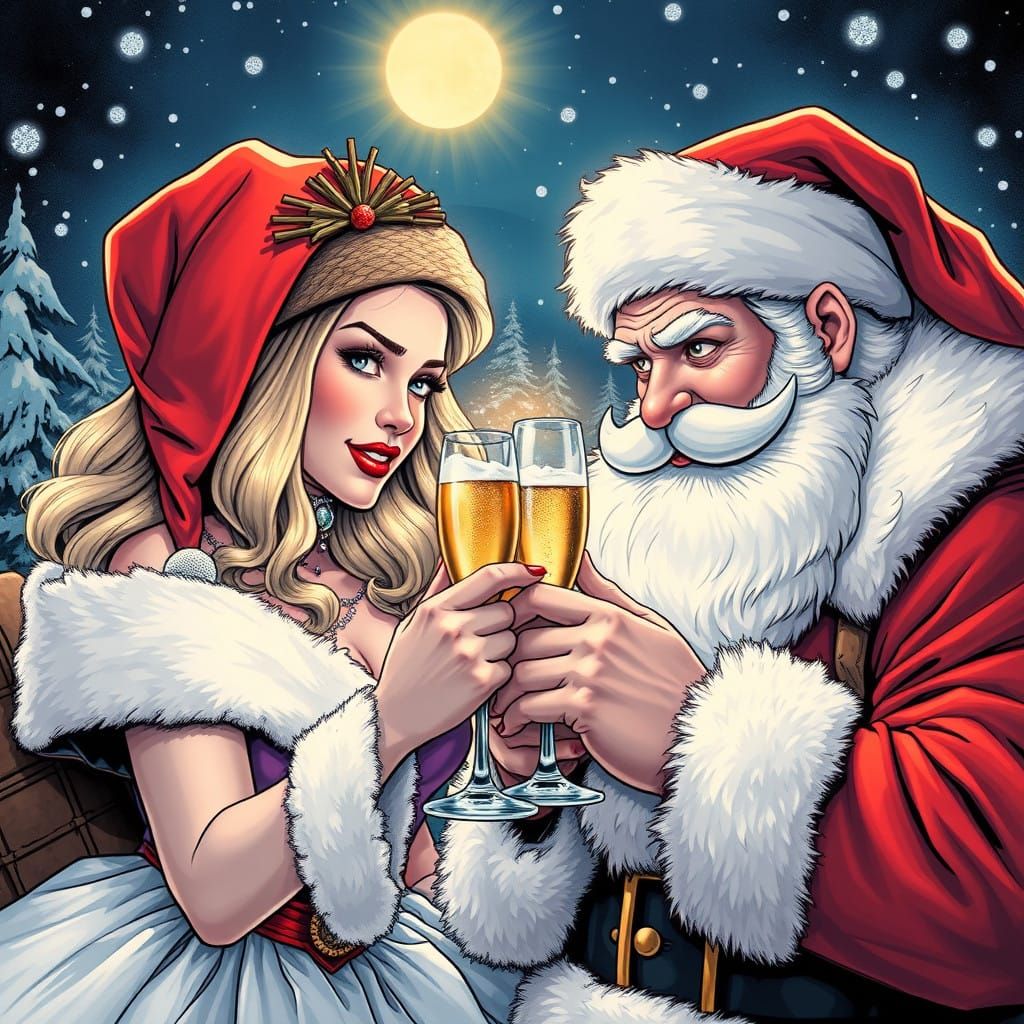 Winter Wonderland Figures Enjoying Champagne in Comic Book S...