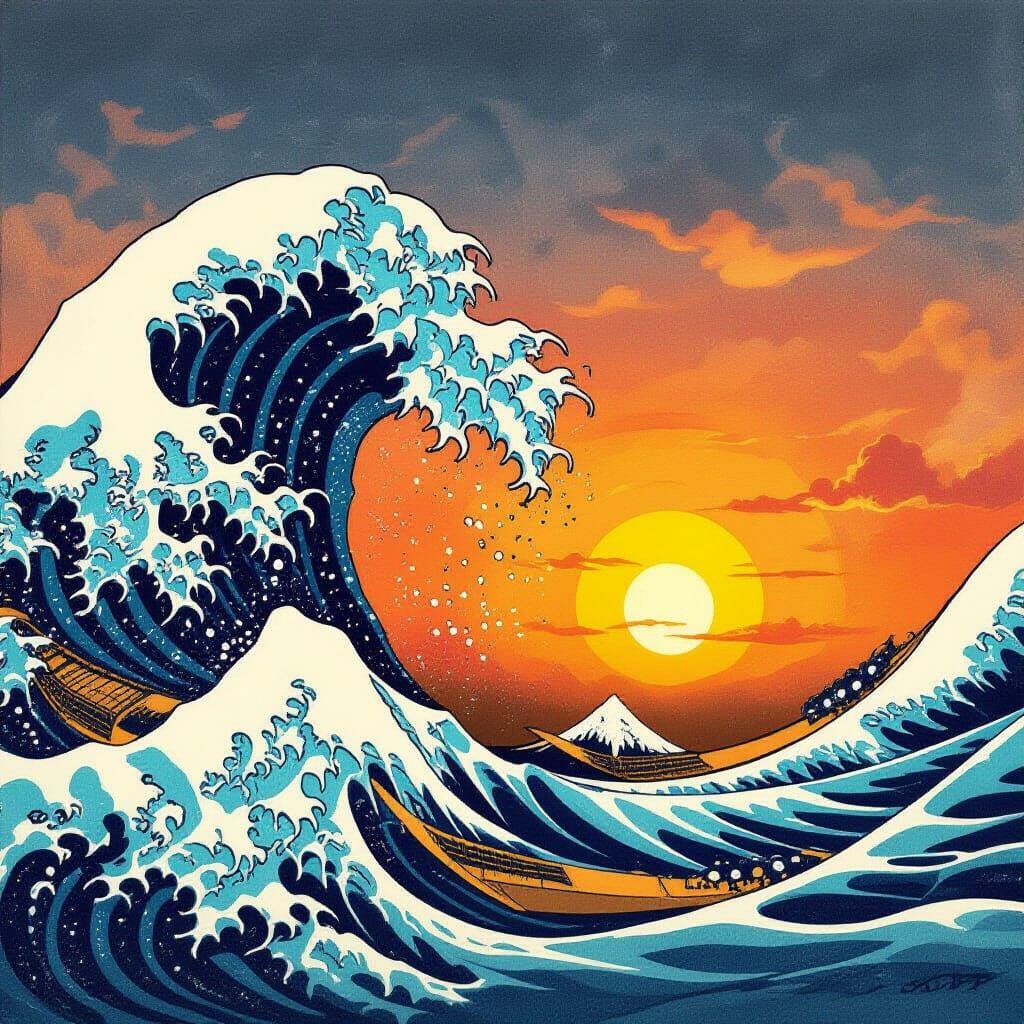 Vibrant Ocean Waves in Charcoal Drawing Style