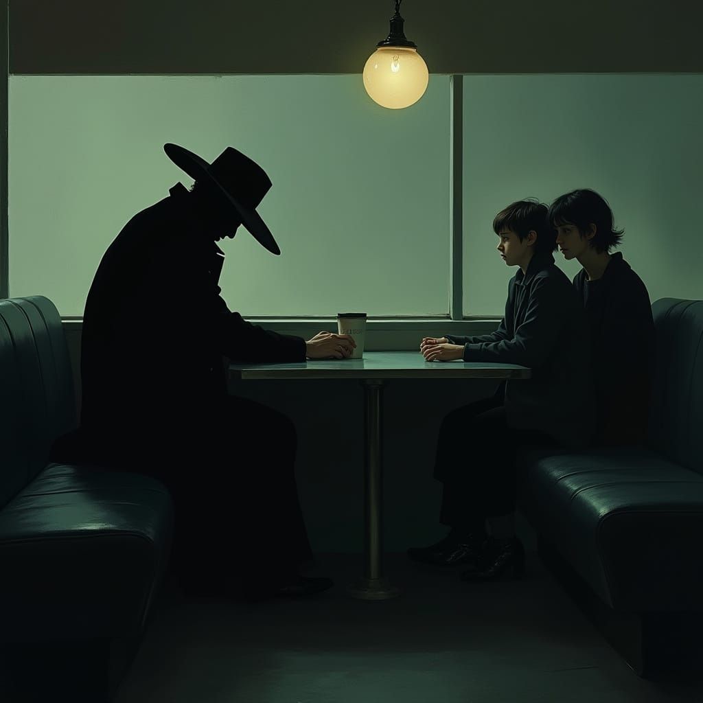 Melancholic Angel Contemplates Mortality in a Desolate Diner