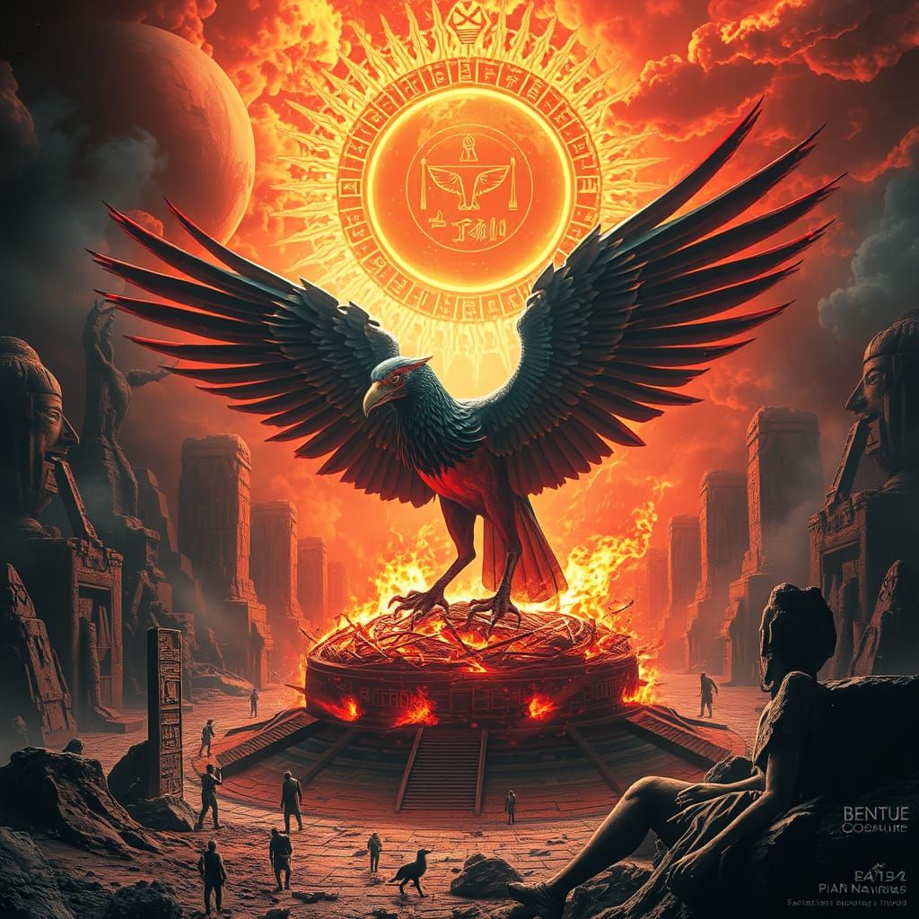 Cyberpunk Bennu Bird in Fiery Apocalypse Landscape
