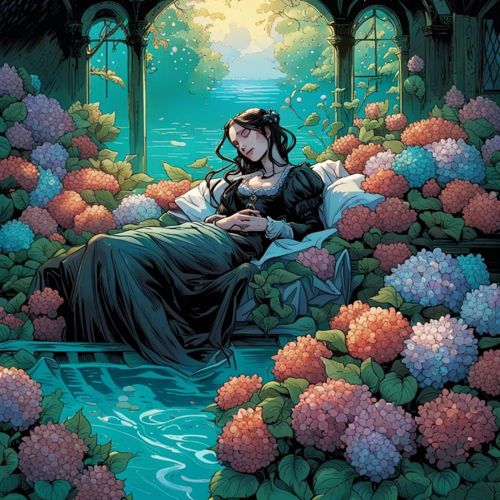 Victorian Vampire Princess in Hydrangea Bed