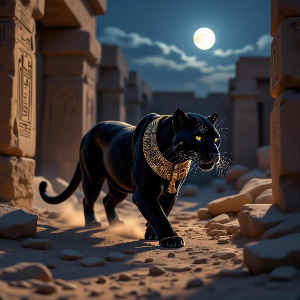 Majestic Black Panther in Ancient Egyptian Desert Temple