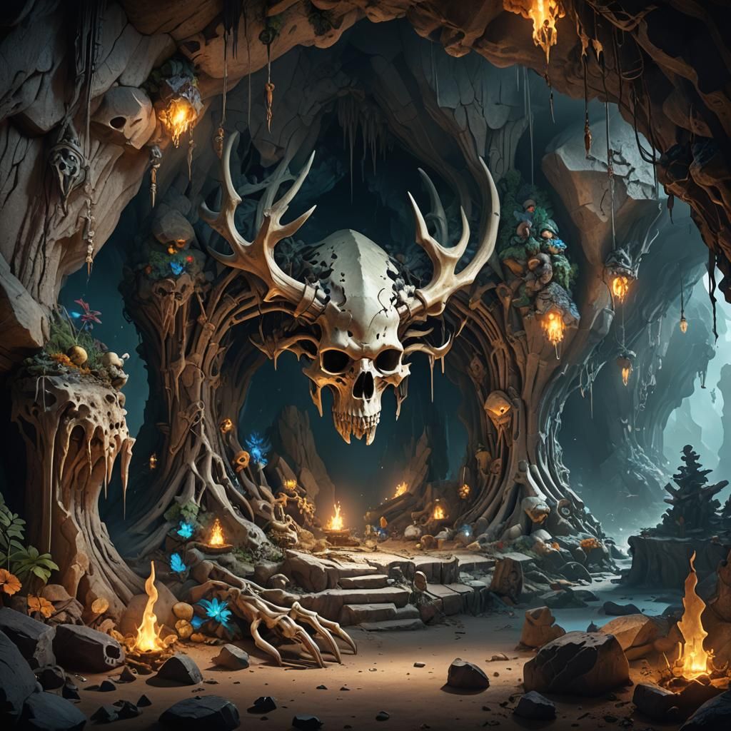 Bone Collector in Lighted Cave: Detailed Fantasy Art