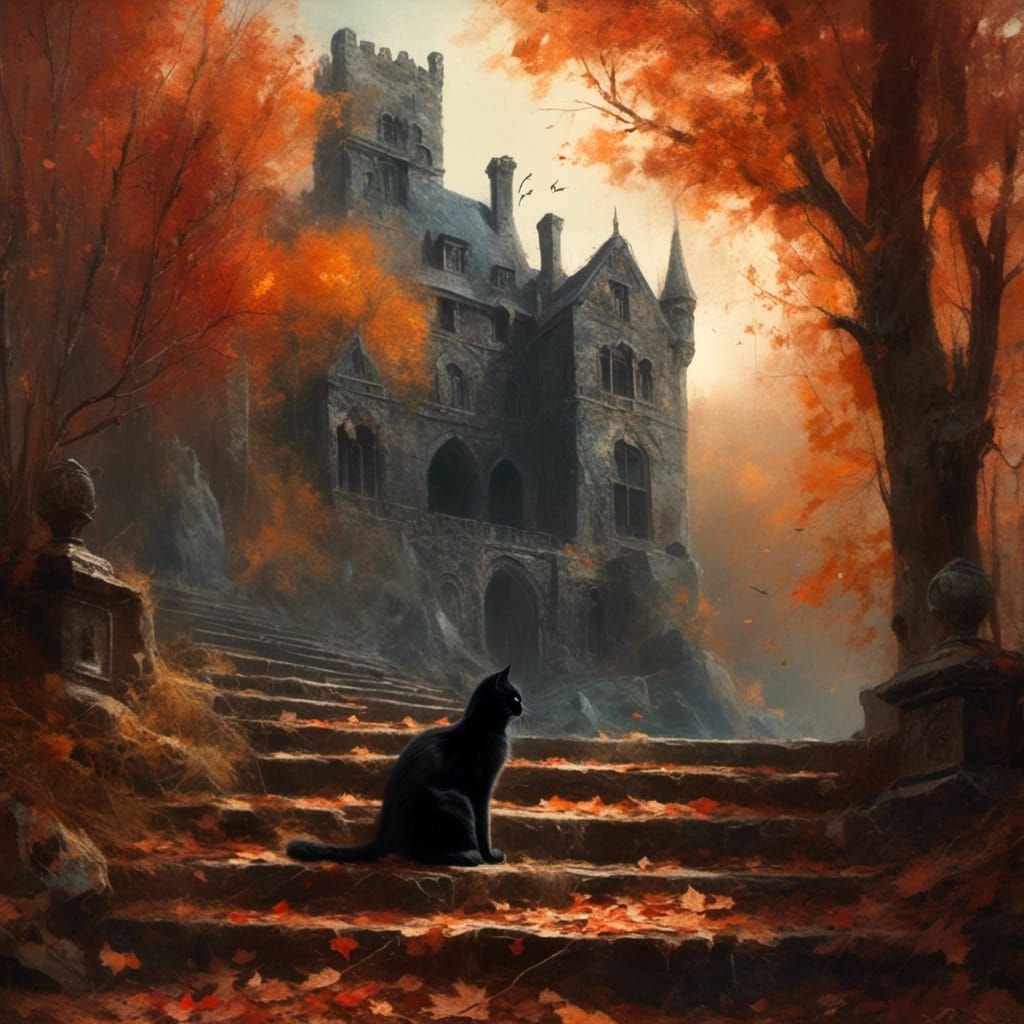 Gothic Castle with Black Cat in Autumn Landscape