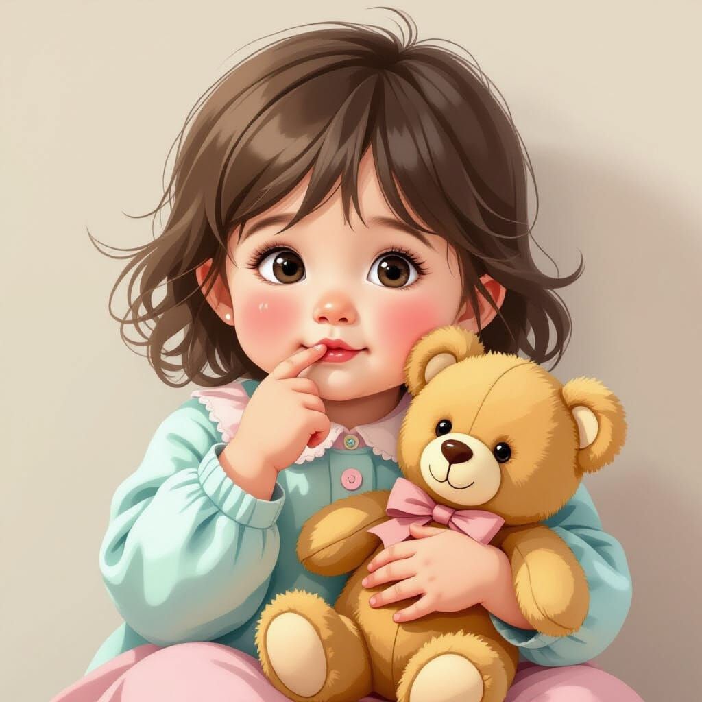 Adorable Baby Girl with Teddy Bear, Storybook Style