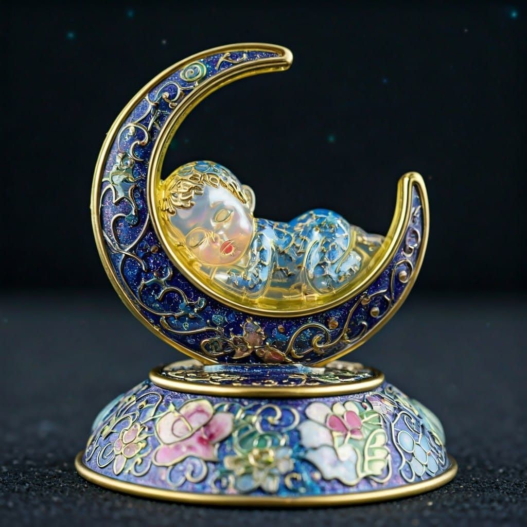 Enameled Glass Figurine of Sleeping Baby on Moon