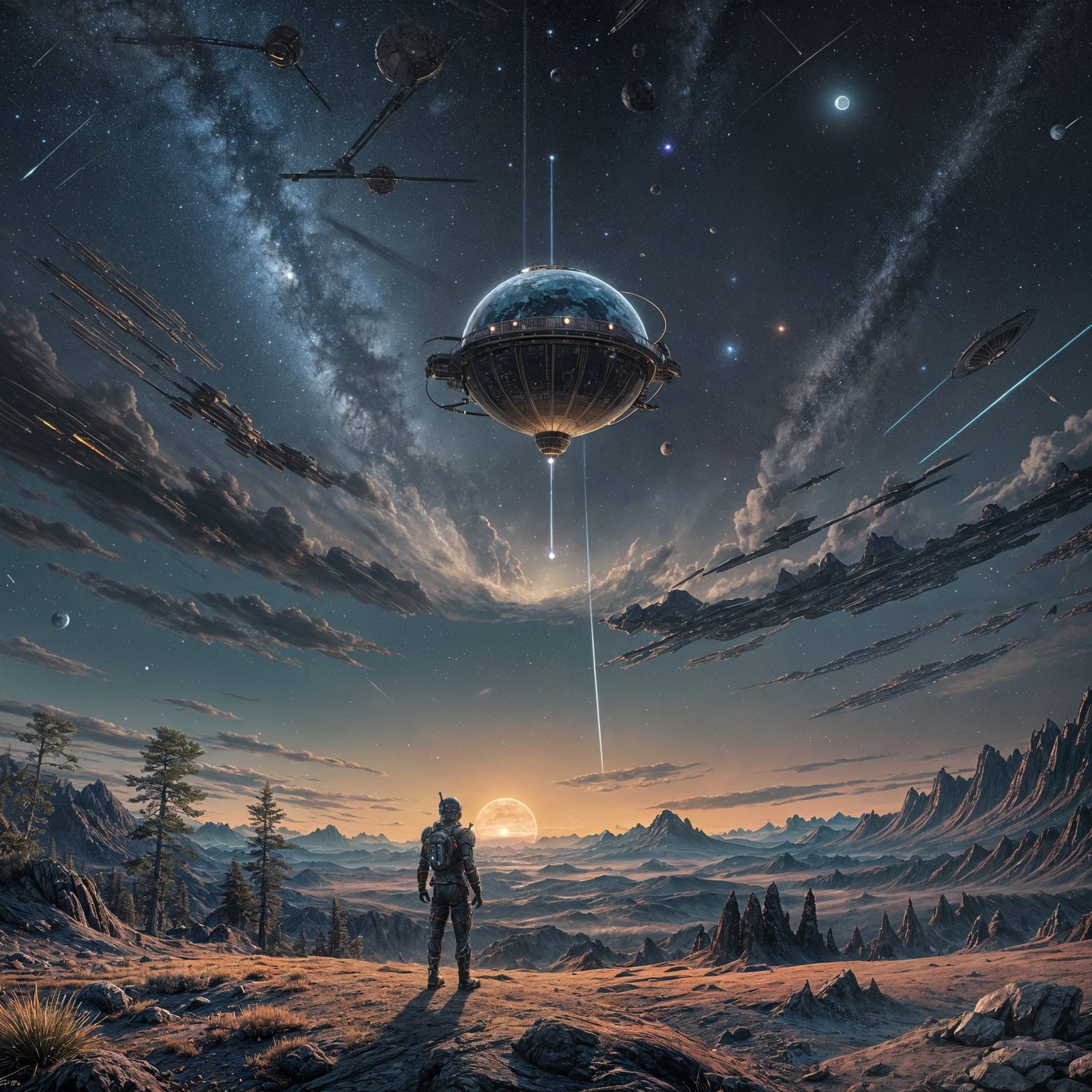 Small Satellite Orbiting Earth: Detailed Matte Painting