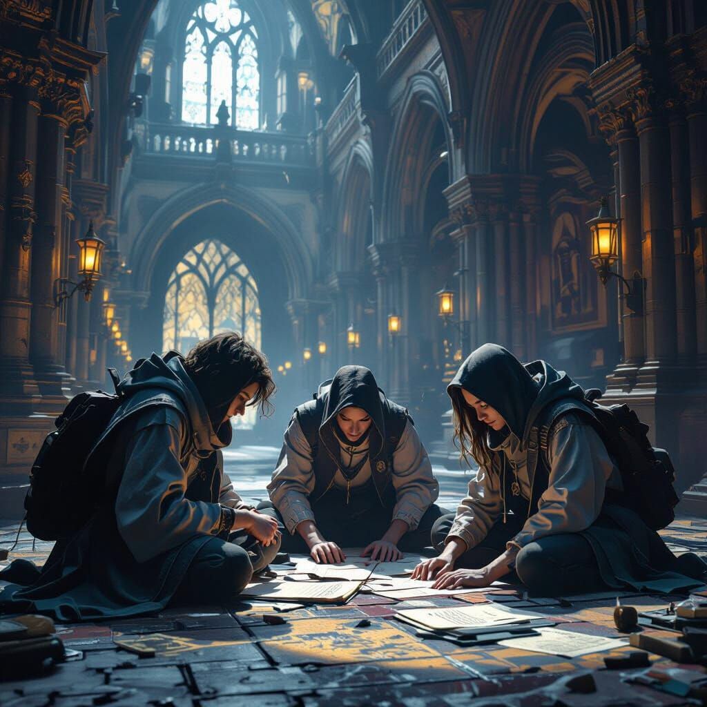 Dark Fantasy Students in Ancient University Architecture