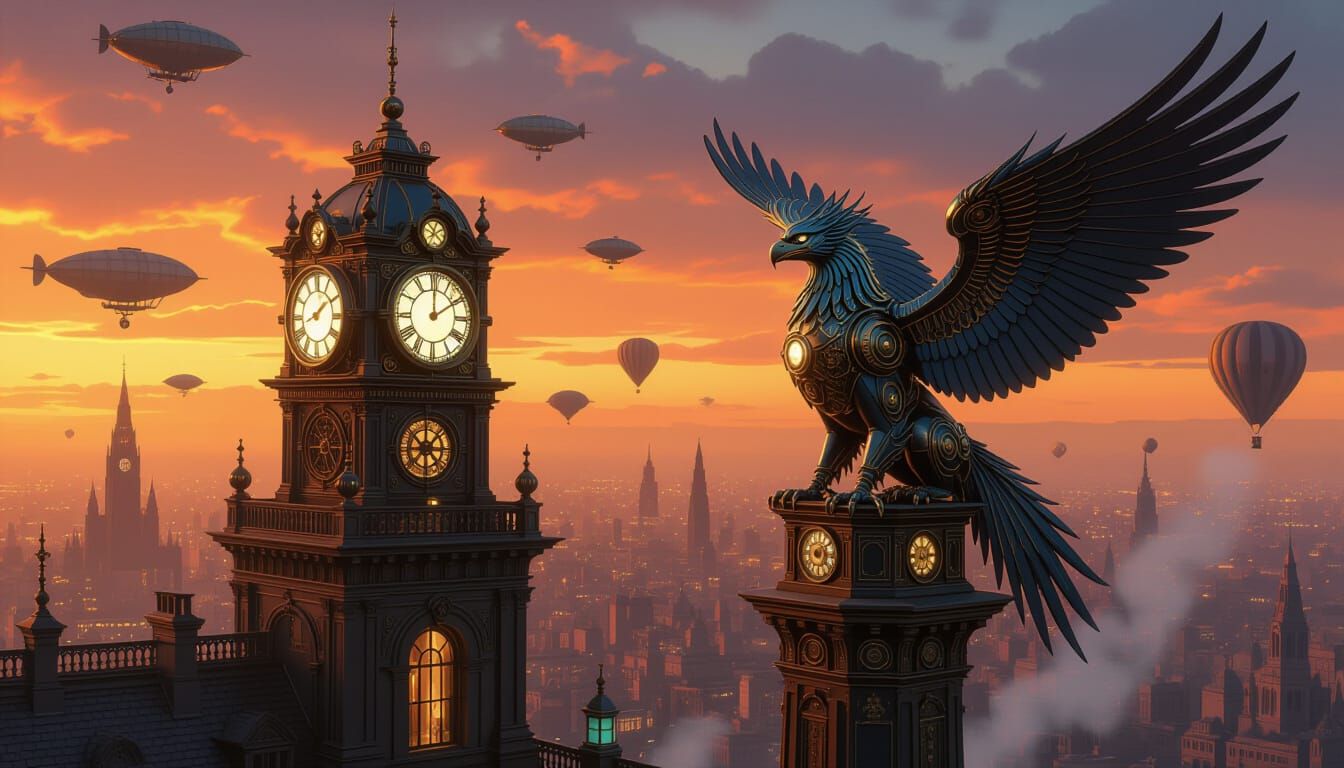 Clockwork Griffin Surveys Steampunk City at Twilight