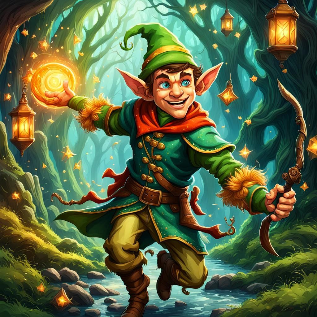 A whimsical fantasy character, like a playful elf or a brave...