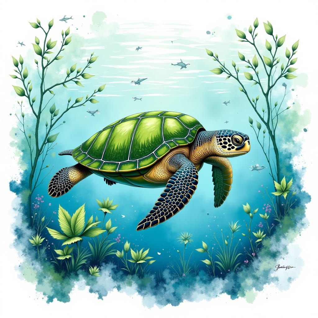 Sea Turtle in Tropical Lagoon Watercolor