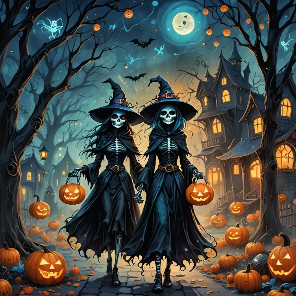 Playful Halloween Scene in Gothic Digital Art Style
