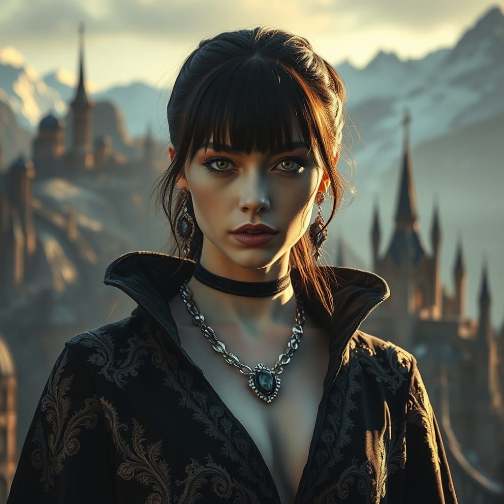 Ethereal Vampire Goddess Amidst Dark Rock Cityscape