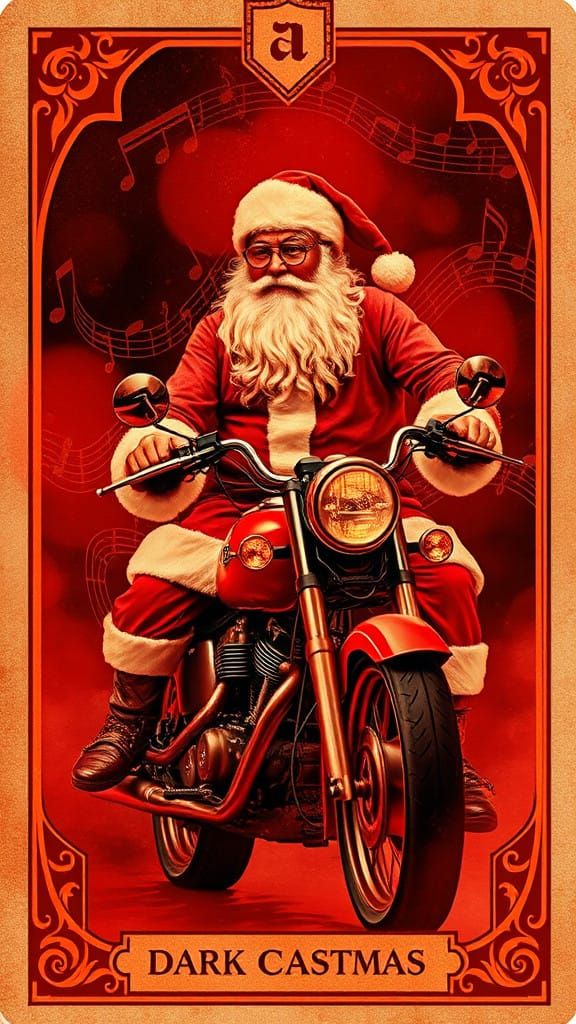 Gustav Klimt-Inspired Santa Claus on Steamy Motorcycle, Dark...