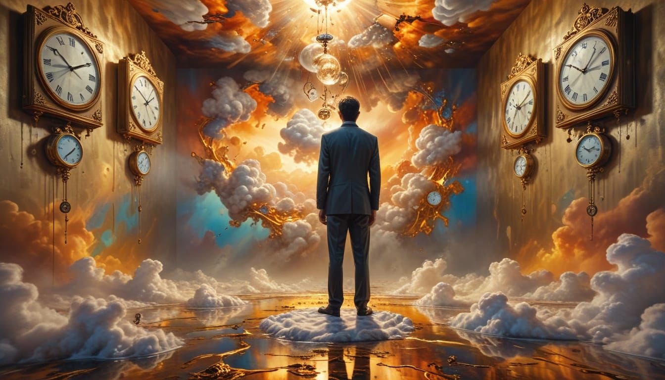 Surreal Room with Melting Clocks in Oil Painting Style