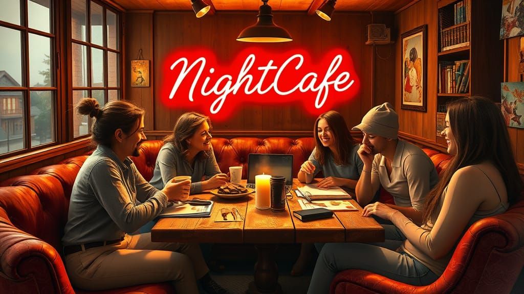 Friends Gather in Whimsical Café Scene, Embodying Creativity...