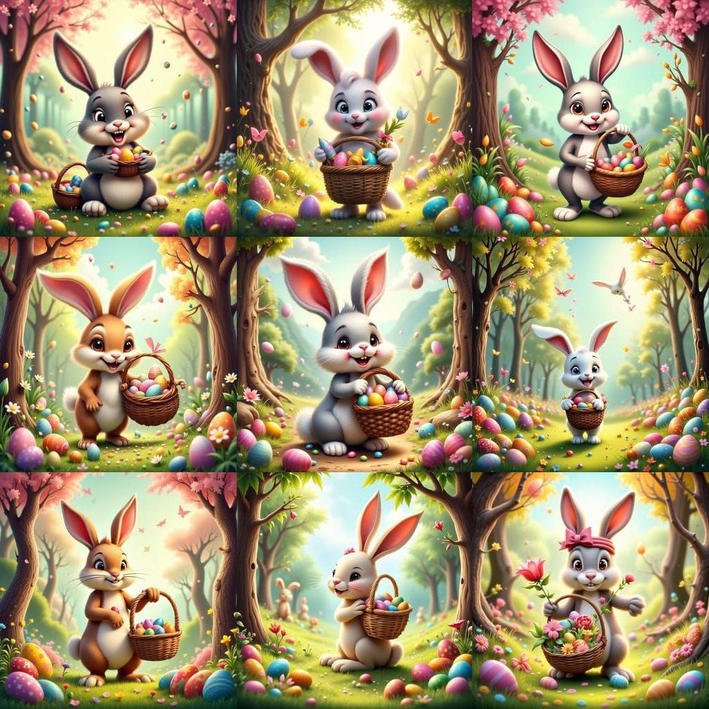 Colorful Cartoon Easter Bunny in a Candy Forest
