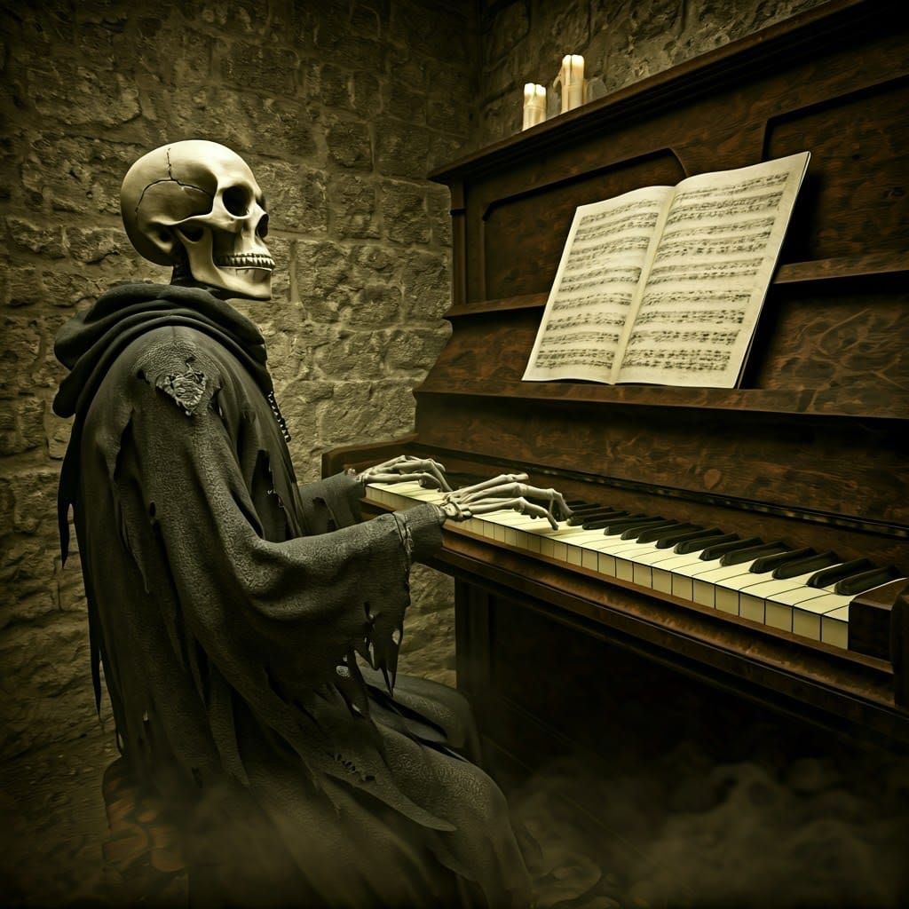 Ghostly Skeleton Plays Piano in Abandoned Chamber