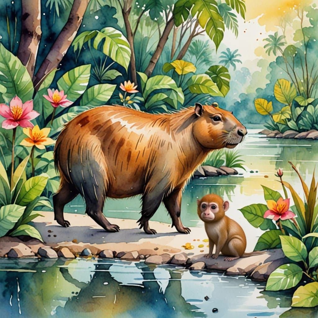 Capybara and Monkey in Lush Jungle, Watercolor Illustration